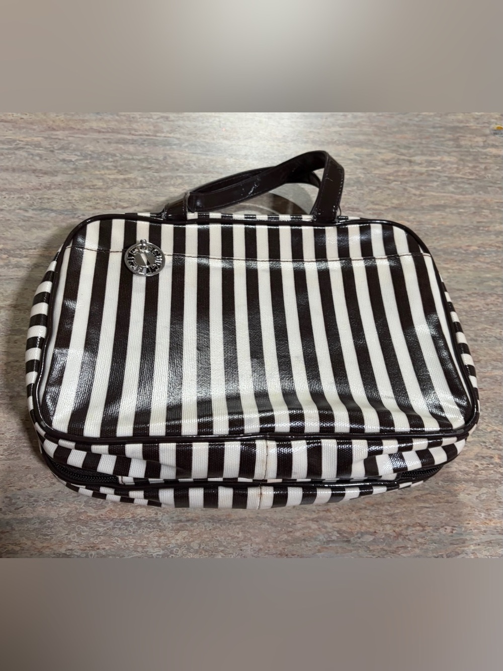 Henri Bendel Centennial Stripe Train Case in Brown & White